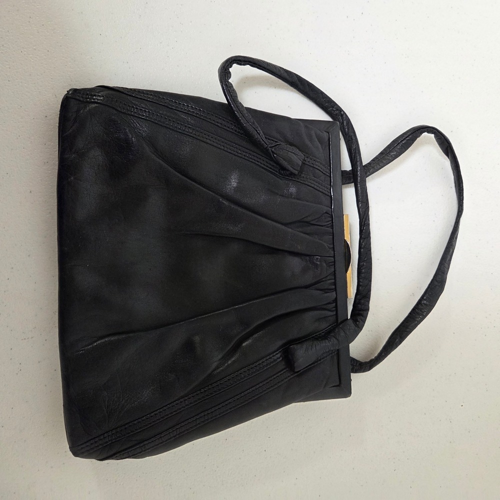 Vintage Black Leather Ruched Frame Handbag Gold Tone Clasp Retro Evening Bag - Picture 2 of 5